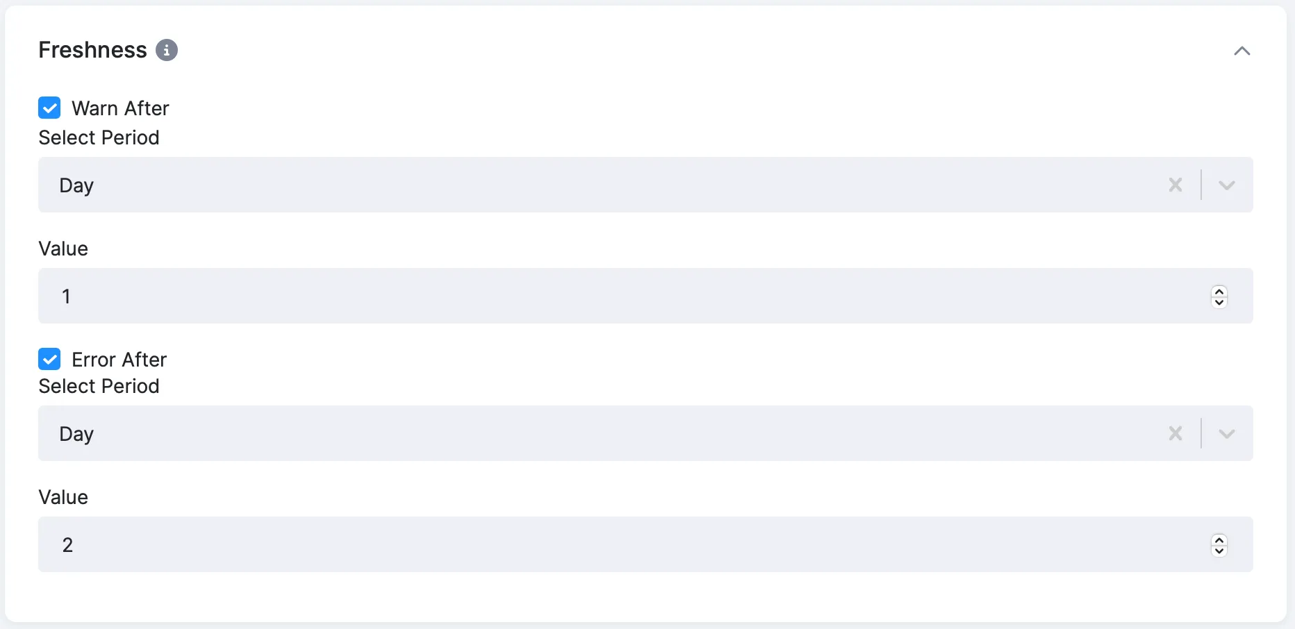 TODO(human-review: alt unverified) The Freshness settings with independent warning and error time limits