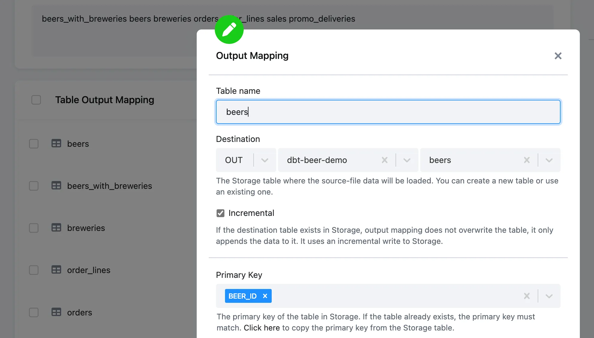 TODO(human-review: alt unverified) The Output Mapping section defining which tables are imported to Storage
