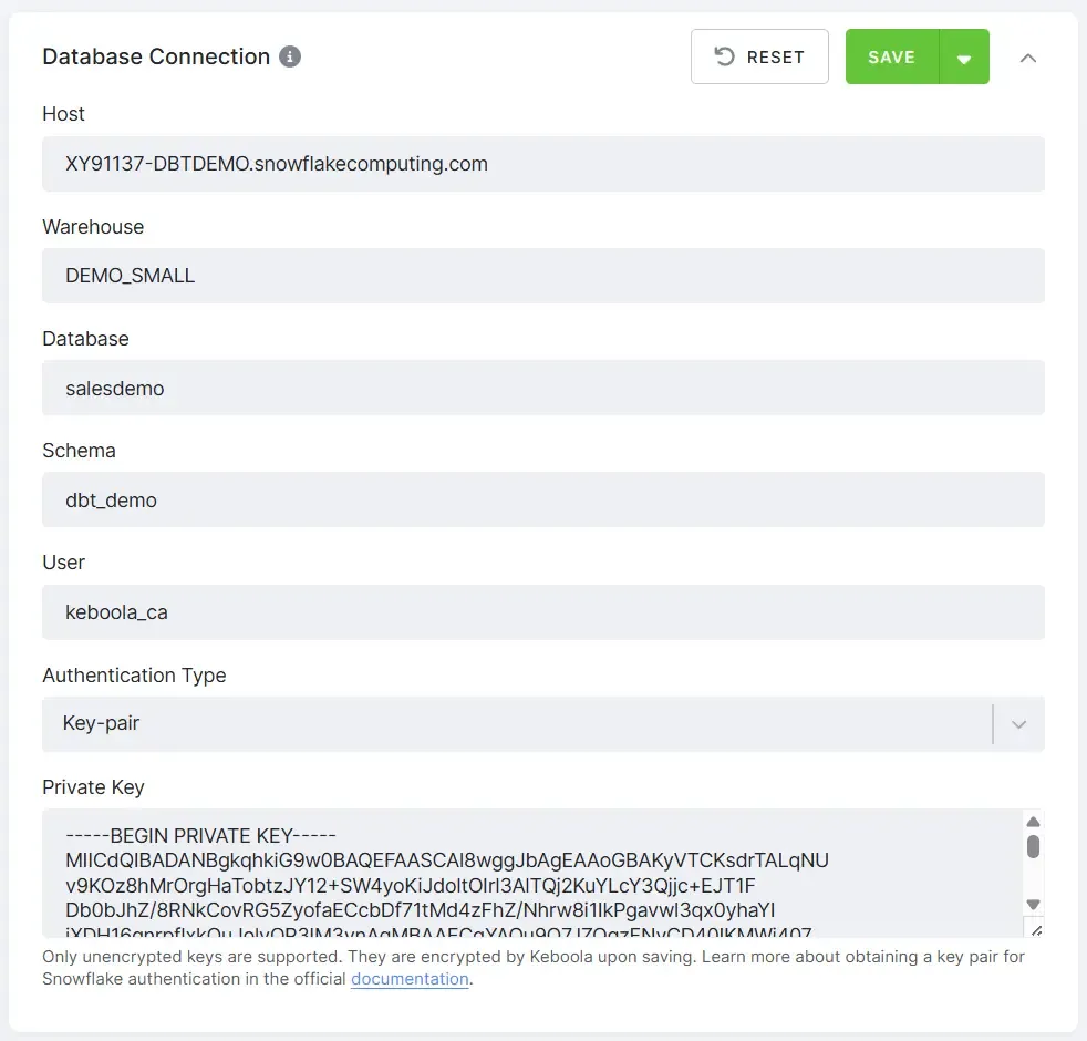 TODO(human-review: alt unverified) The Database Connection section for a dbt transformation with a remote warehouse