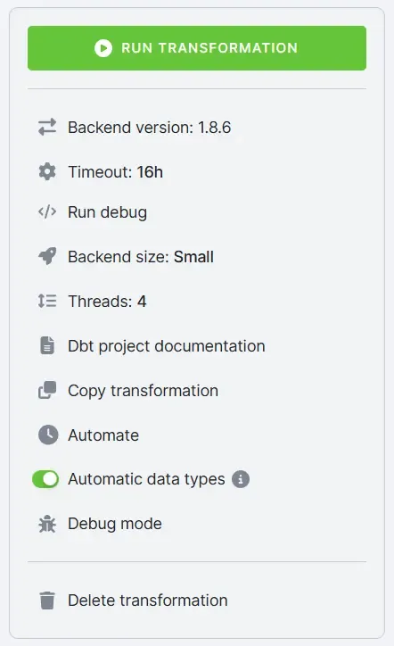 TODO(human-review: alt unverified) The right-hand run panel with dbt Core version, backend size, threads, debug, and documentation options