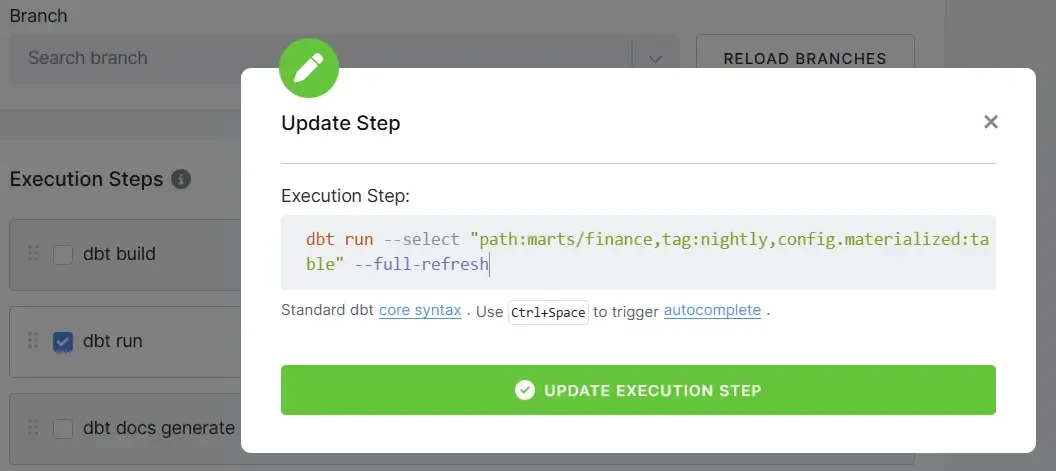 TODO(human-review: alt unverified) Editing an execution step to append dbt flags or resource selectors